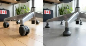 Illustration of locking casters and glides suitable for different flooring types in Canadian offices.
