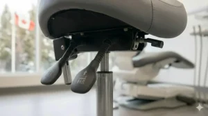 Illustrating the dynamic tilt mechanism on an ergonomic saddle chair.