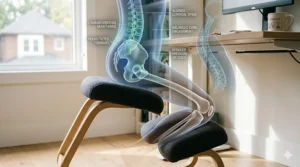 Illustration showing the anatomical benefits of kneeling chairs for spine alignment.