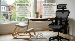 A professional workspace showing the pros of choosing a kneeling chair vs office chair.