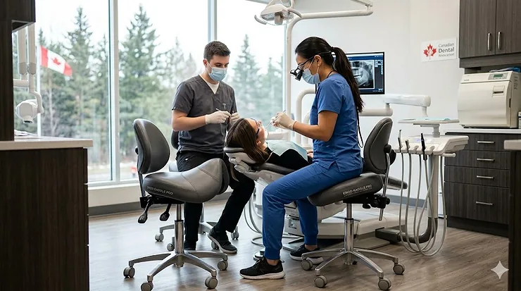 Dental professional using an ergonomic saddle chair for improved posture. saddle chairs for dentists