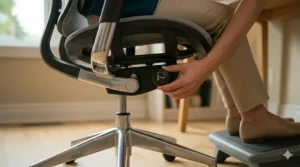 Close-up of a forward-tilt seat mechanism allowing for better reach at a standard height desk.
