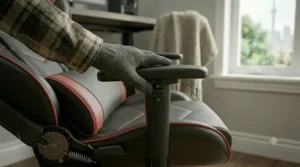 Multi-directional armrest adjustment on a budget gaming chair for desk setup.