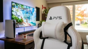 Adjustable lumbar support detail on gaming chair. / Support lombaire ajustable du fauteuil de jeu.