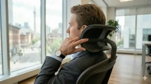 Adjustable headrest feature on an ergonomic office chair for tall people.