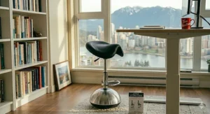 Close-up of the height adjustment lever on an office stool.