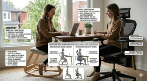 Split-screen visual showing a proper workstation setup for a kneeling chair vs office chair.