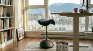 Modern Canadian home office featuring an ergonomic perch stool.