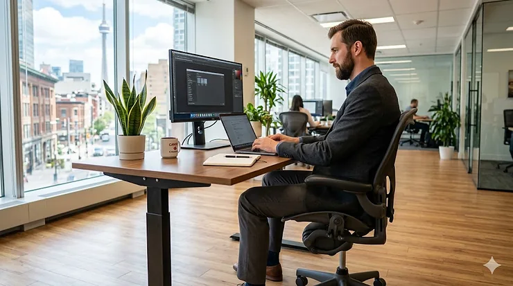 Professional working on a computer in an ergonomic office chair for tall people. office chairs for tall people