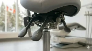 Diagram comparing spinal alignment on a saddle chair versus a flat stool.