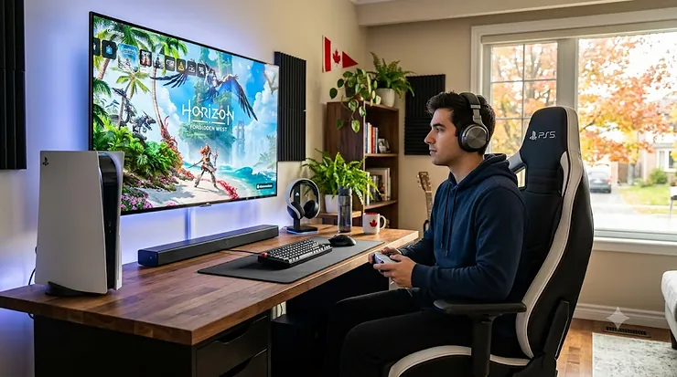 Sleek PS5 gaming chair in a modern home office setup. / Fauteuil de jeu ergonomique pour PS5 dans un bureau moderne.
