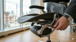 Demonstrating seat depth adjustment on an office chair for tall people.