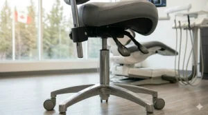 Close-up of a split-seat saddle chair designed for airflow and comfort.