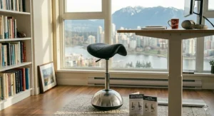 Swivel-base stool providing mobility at a standing desk.