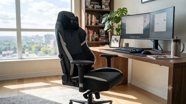 Front view of a black and grey ergonomic hybrid gaming chair set up in a modern home office in Toronto, ideal for long gaming sessions and remote work.