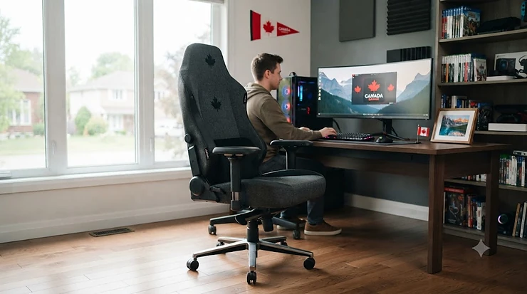 Ergonomic pc gaming chair with lumbar support in a modern Canadian home office setup.