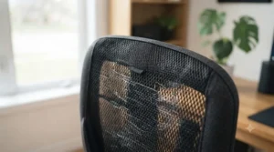 Breathable mesh fabric on a high-back work gaming chair for office comfort.