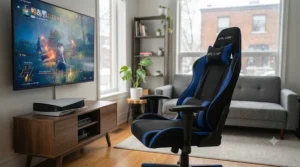 Compact console gaming chair fitting seamlessly into modern Canadian living room spaces.