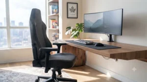 Stylized illustration of a compact hybrid gaming chair neatly tucked under a minimalist desk in a modern urban apartment.