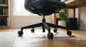 Heavy-duty steel base of an ergonomic work gaming chair on carpet.