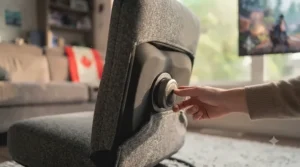 Detail view of adjustable lumbar support on a floor gaming chair.