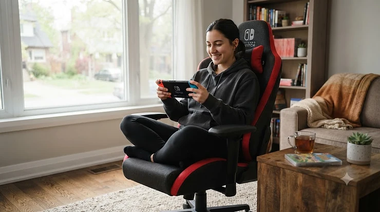 Ergonomic Nintendo Switch gaming chair with lumbar support in a modern setup.