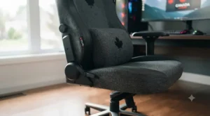 Adjustable lumbar support pillow on a high-back pc gaming chair for all-day comfort.
