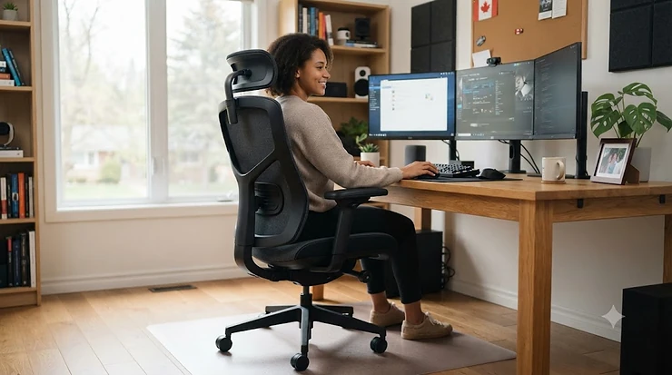 Ergonomic work gaming chair with lumbar support in a modern home office.