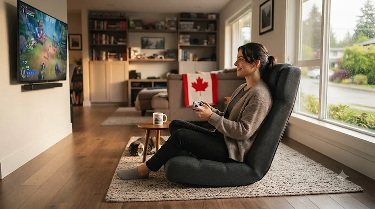 Ergonomic floor gaming chair in a modern Canadian home office.