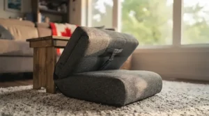 Foldable floor gaming chair shown in a compact storage position.