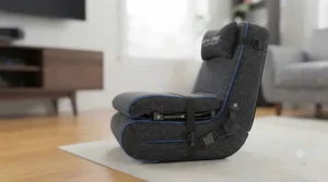 Foldable space-saving console gaming chair that stores easily when not in use.