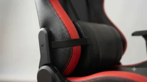 Close-up of racing style gaming chair with adjustable lumbar support.