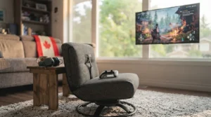 Floor gaming chair set up for console gaming in a Canadian living room.