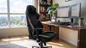 Illustration of a versatile hybrid gaming chair transitioning smoothly from a remote work desk setup to an evening esports station.