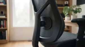 Side profile of a work gaming chair highlighting adjustable lumbar support.