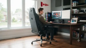 Stylish pc gaming chair integrated into a dual-purpose Canadian remote work and gaming battlestation.