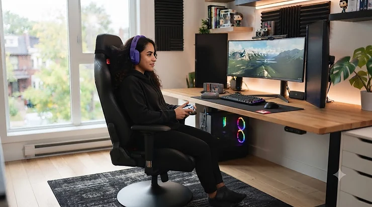 Sleek pedestal gaming chair in a modern Canadian home office.