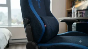 Adjustable lumbar support cushion on a pro gaming chair for posture comfort.