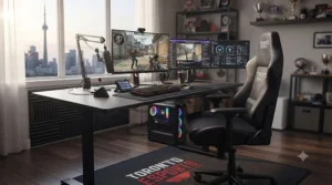 A professional esports chair integrated into a clean, organized competitive gaming setup in a Canadian home office.