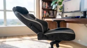Side-profile illustration of a hybrid gaming chair showing a deep recline angle for relaxing between gaming matches.