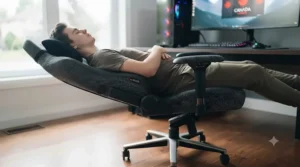 Gamer relaxing with the 180-degree recline feature on a durable pc gaming chair.