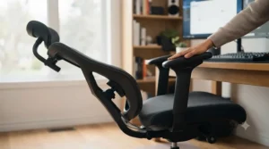 Professional work gaming chair showing 180-degree reclining backrest.