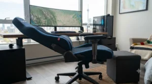 Fully reclined pro gaming chair showing flexible tilt angles for gaming or relaxing.