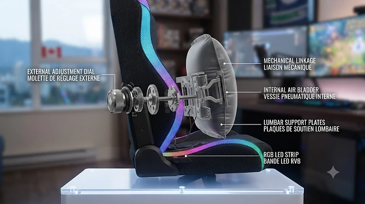 Adjustable lumbar support on an RGB gaming chair for posture.