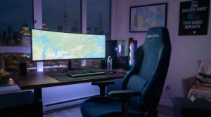 Stylish pro gaming chair with ambient lighting inside a contemporary gaming room.