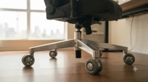 Technical view of the sturdy steel base and floor-safe casters on a subtle gaming chair built for lasting durability.