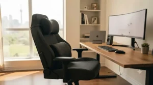 A subtle gaming chair seamlessly blending into a contemporary Canadian apartment workspace with minimalist decor.