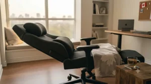 A subtle gaming chair fully reclined for relaxing or reading after a long workday in a Canadian home.