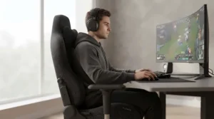 Player using tournament gaming chair and headset