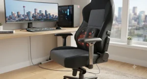 Ergonomic gaming chair featuring 4D armrests and targeted lumbar massage for superior back pain relief in Calgary.